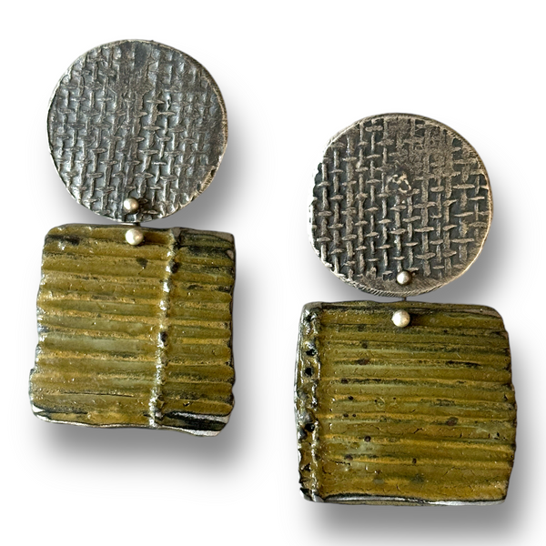 Textured Sterling and Olive Enamel Earrings