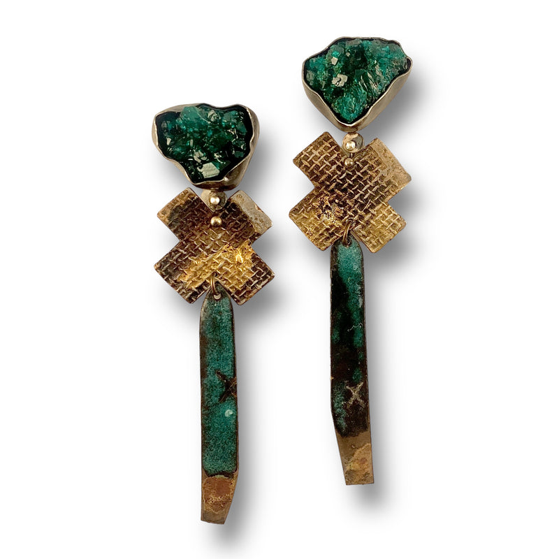 Dioptase, Gold and Enamel Earrings